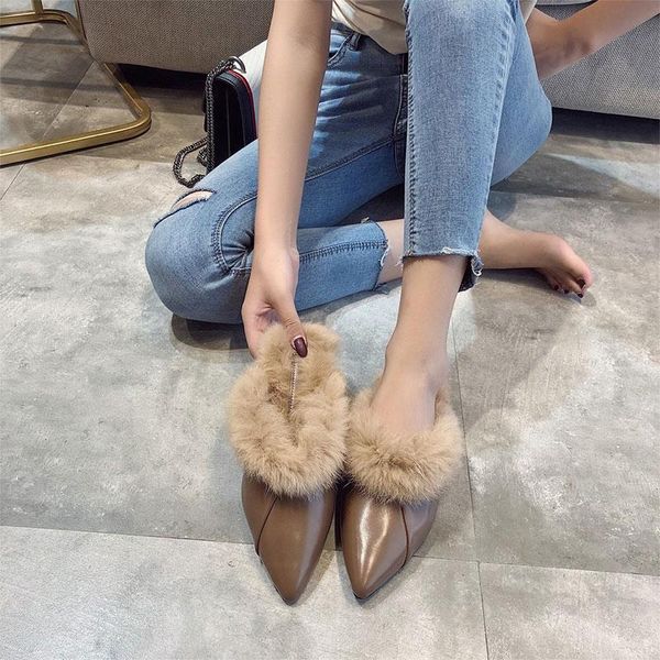 

women mules slippers ladies shoes winter fashion warm plush woman pointed toe fluffy female slipper autumn 2021, Black