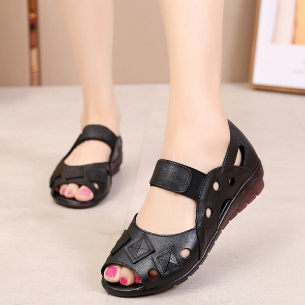 

summer women's sandals genuine leather handmade women low heel soft bottom casual non-slip flat shoes mother, Black