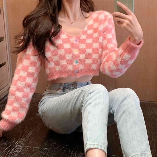 

jxmyy mohair sweater female mink velvet high waist short fashion new autumn all-match pink cardigan 210412, White;black