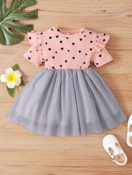 

baby heart print ruffle trim mesh hem dress she, Red;yellow