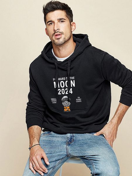 

men slogan and spaceman print drawstring hoodie t4ds#, Black