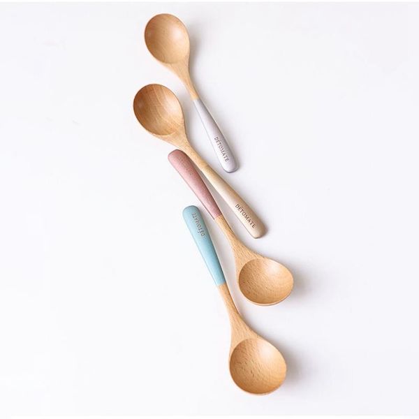 

spoons colorful handle wooden spoon curved small beech wood rice household tableware