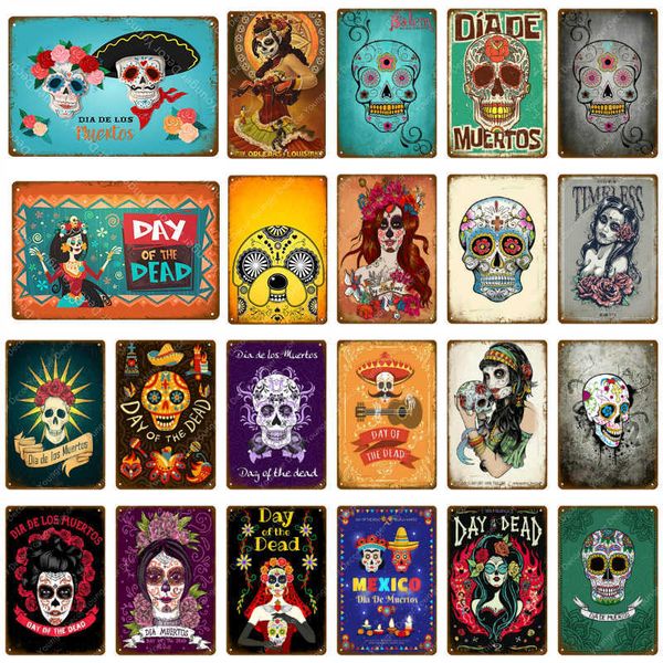 

sugar skull metal tin signs mexican festival day of the dead plaque wall painting poster party shop home tattoo parlors decor