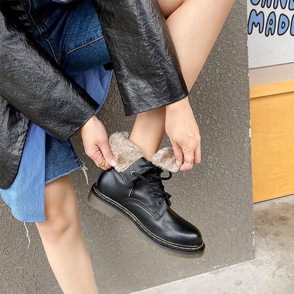 

boots women winter fashion real wool warm snow casual thick bottom lace up short white size 34-40, Black