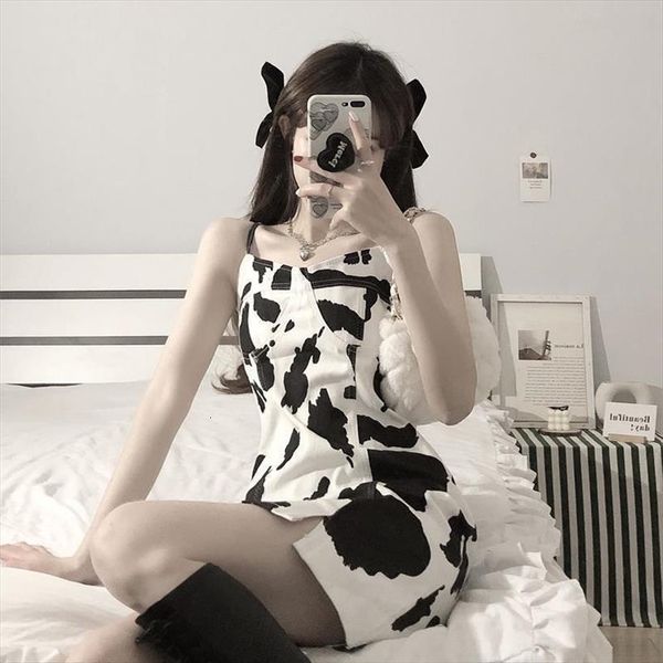 

cow print slip fashion womens dresses bodycon summer sundresses streetwear korean trendy, Black;gray