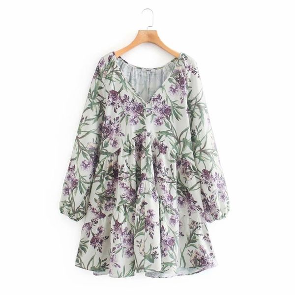 

summer women v-neck mini dress long sleeve floral print high waist vintage female elegant loose clothing vestidos 210513, Black;gray