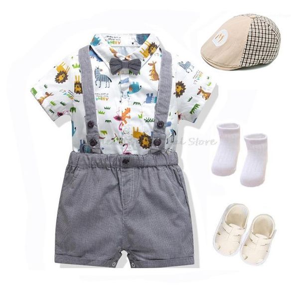 

clothing sets animal cartoon shirts romper+suspender+hat+socks+shoes+bow tie 6pcs boys summer clothes gentleman baby set1, White