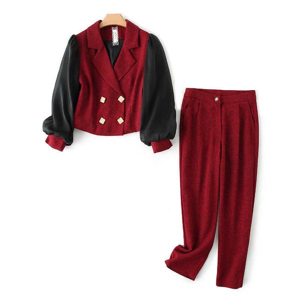

fall women's pants suit two-piece casual double breasted plaid ladies short jacket elegant trousers 210527, White