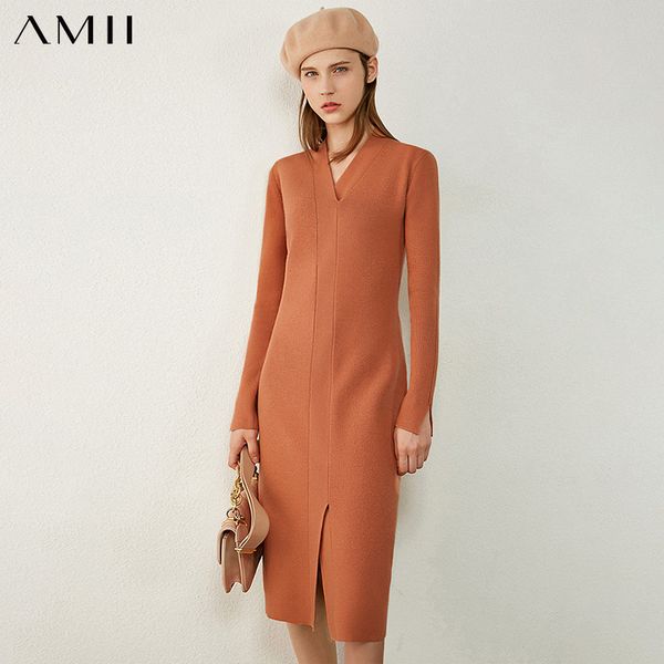 

amii minimalism autumn winter womens dress fashion vneck knitted slim fit dresses for women temperament sweater dress 12040639, Black;gray