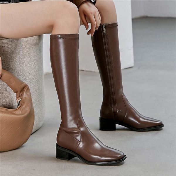 

boots spring autumn women commuter knee-high elastic casual leather round toe thick heel long tube shoes black brown 4.5cm