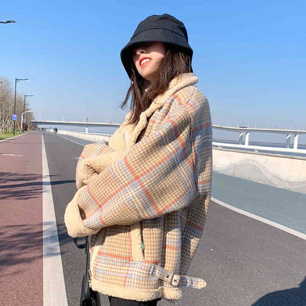 

women's cotton quilted short down lamb wool, korean loose scottish winter et, new in 2021, Black;brown