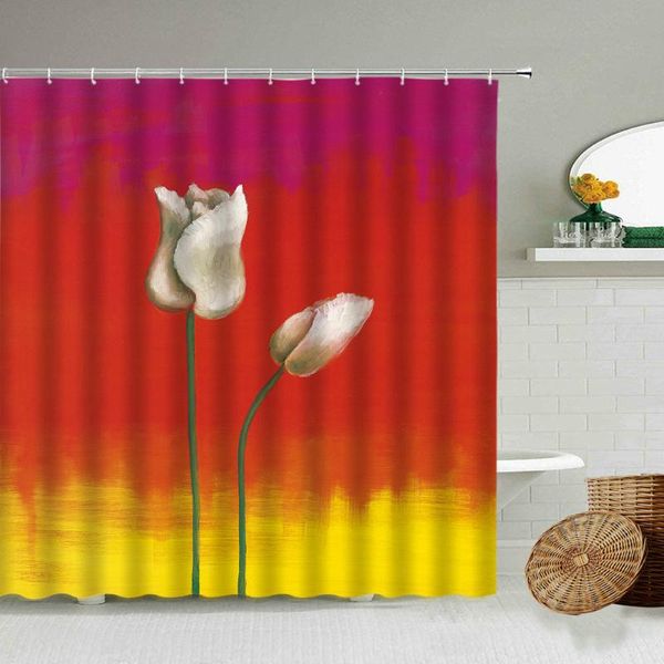 Duschvorhänge, weißer Tulpen-Blumenvorhang, roter Hintergrund, Ölgemälde-Design, Badezimmer, wasserdicht, Polyester, Heimdekorationsset