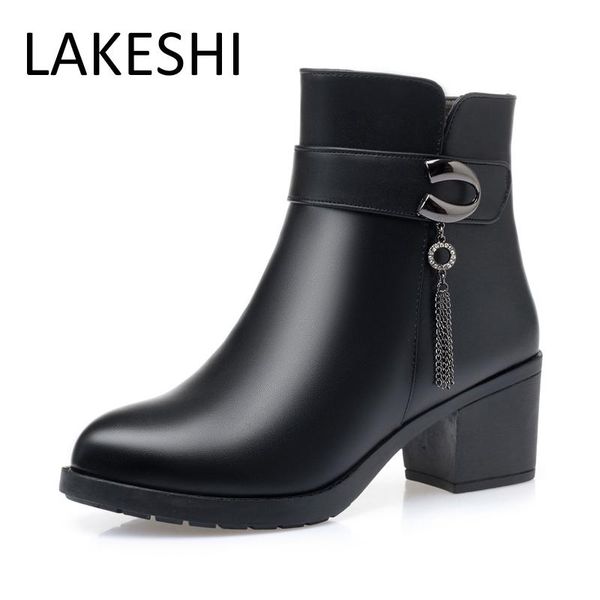 

boots women 2021 winter thick wool lined zipper high heel snow large size autumn ankle for female casual shoes, Black