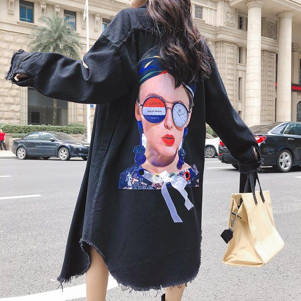 

women's jackets hebaoli fashion long loose-fitting cardigan printed frayed jeans windbreaker jacket, Black;brown