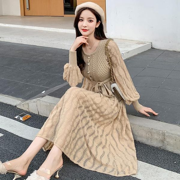 

spring chic hook flower hollow out lace stitching knitted dress pearl button o-neck korean patchwork warm knit casual dresses, Black;gray