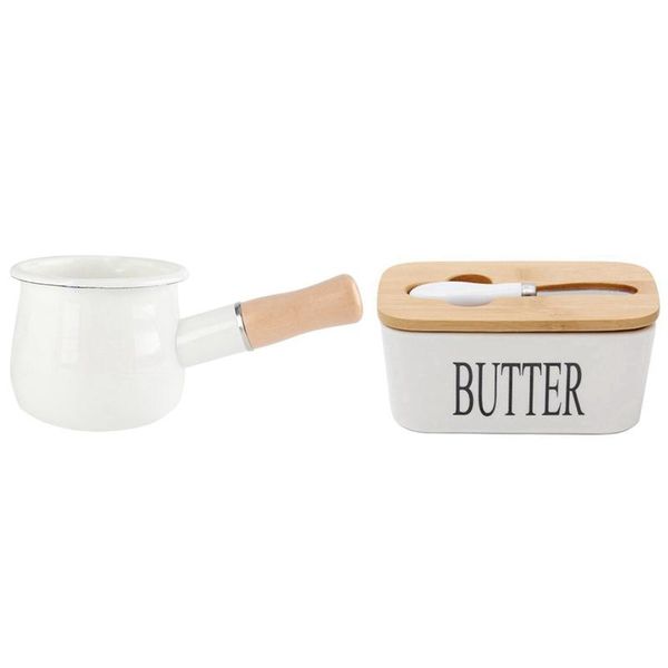 

storage bottles & jars enamel milk pan (white) with nordic butter sealed ceramic box whiteboard wood cover and knife container tray