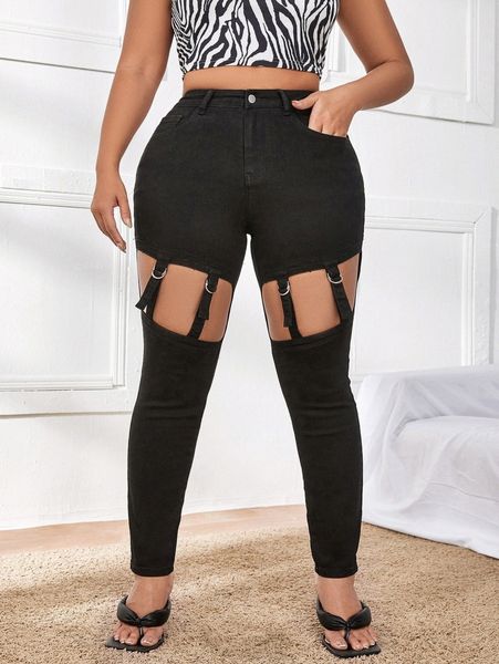 

buckle decor cut out skinny jeans g6zg#, Blue