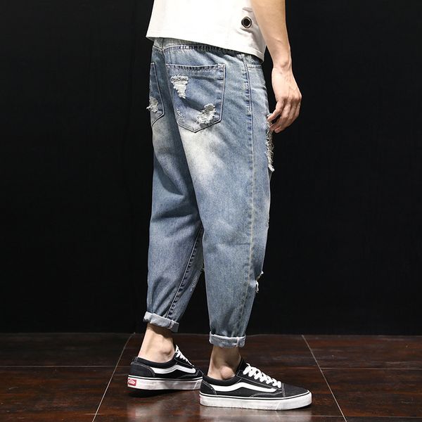 

fashion solid men casual slim ankle length denim pants pockets jeans homme big size, Blue