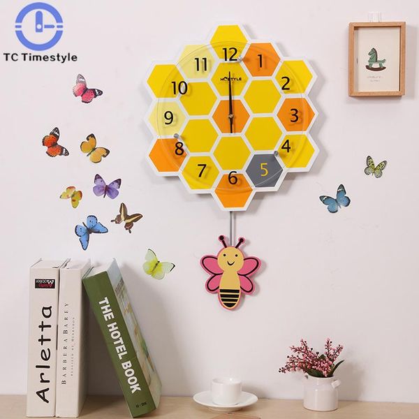 

wall clocks fashion cute bee creative clock swing modern children bedroom wooden mute watch quartz glass home decoration needle
