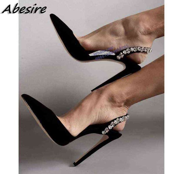 

sandels crystal black high heel sandals for woman summer pointy toe back strap thin heels shoes women elegant new pink red pumps 220303