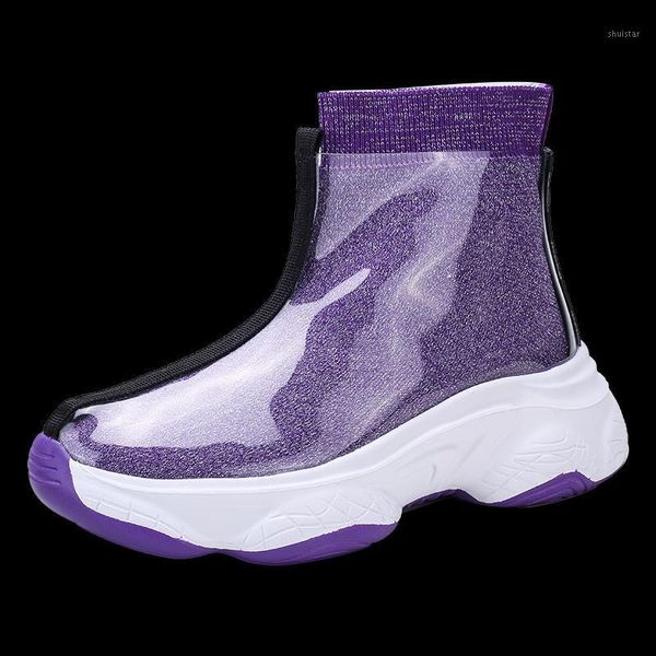 

boots 2021 autumn women wind thick with short all-match socks transparent jelly shoes b2761, Black