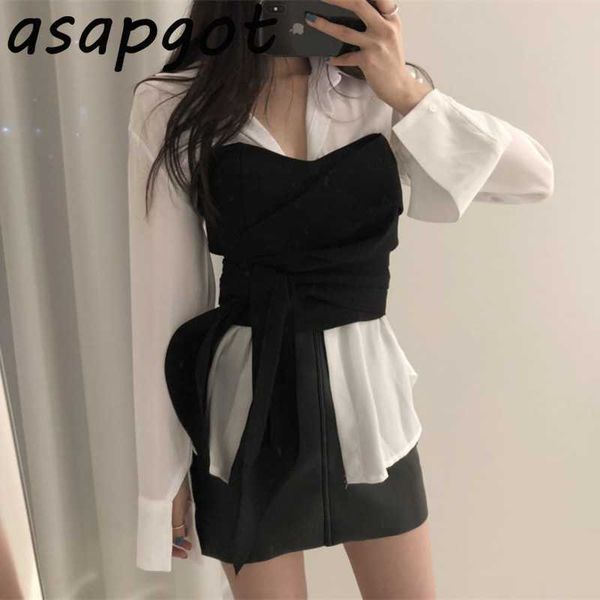 

summer korean chic solid loose white turn down collar chiffon blouse office lady lace up strapless retro elegant 210610