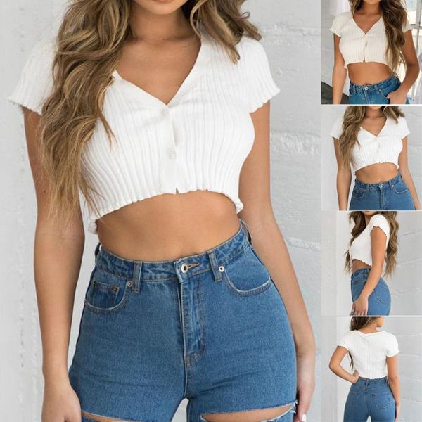 

women's t-shirt fashion women v-neck short sleeve ribbed buttons casual crop vestido de mujer, White