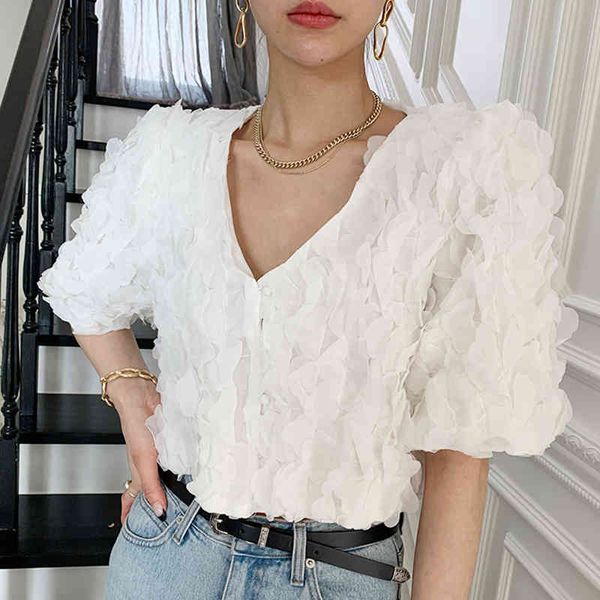 

women casualthree-dimensional petals stitching blouse v-neck half puff sleeve fashion spring summer 2f0634 210510, White