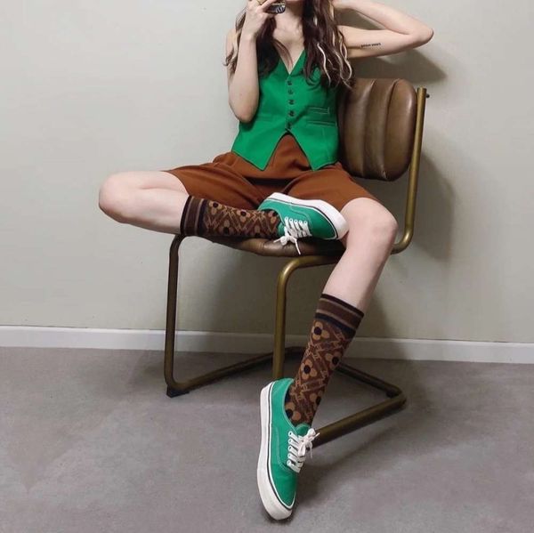 

brown link rhombic flower personalized matching style fashion brand medium stockings striped women's socks, Black;white