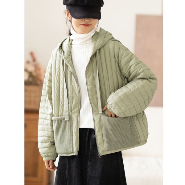 

kongmi literature and art new fashion leisure hooded lace up pock splicing 90 white duck down long sve et, Black