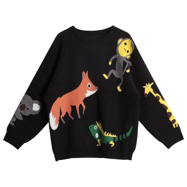 

cartoon embroidery sweaters women's jumper pullover kawaii long sleeve o-neck loose knitted sweater winter female 210914, White;black