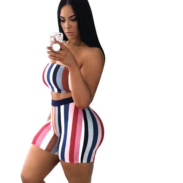 

women's tracksuits tube striped slim fit shorts suit summer ladies elastic band pants casual two-piece, Gray