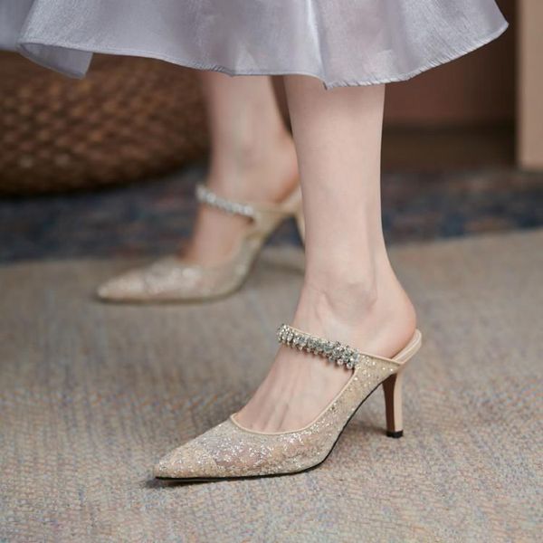 

dress shoes mesh baotou half slippers women's summer wear fashion 2021 versatile high-heeled net red thin heel rhinestone sandals, Black