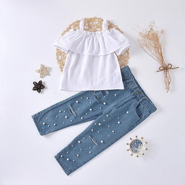 

toddler kids baby girl clothes cotton linen off shoulder sleeve shirt + denim ripped pants with pearl outfit 2pcs clothing sets, White