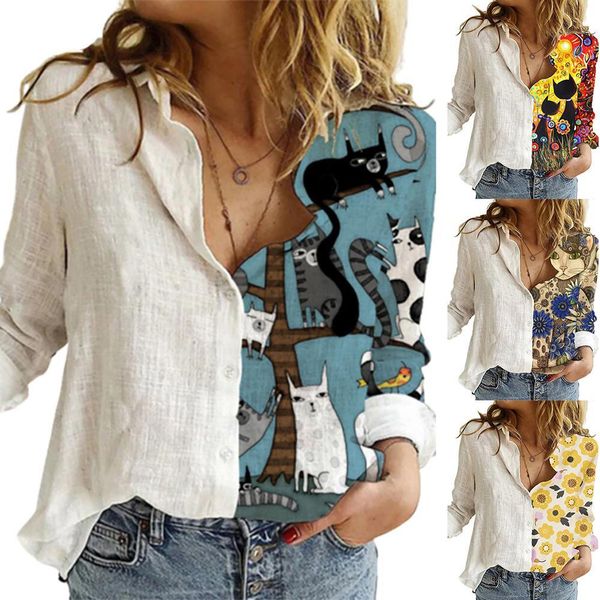 

women and bloues fashion buttons long sleeve sunflower cats patchwork blouses office shirt x0521, White