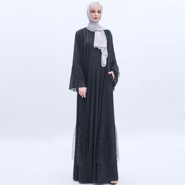 

casual dresses summer women long flare sleeve pearl beaded mesh organza net plain simple nida black muslim open abaya dress fashion dubai, Black;gray