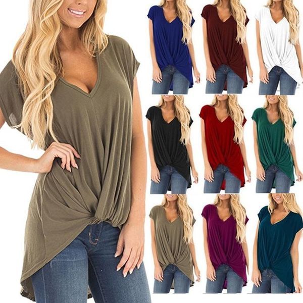 

women's t-shirt short-sleeved tees shirt v-neck twisted straight type solid color long collage female 2021, White