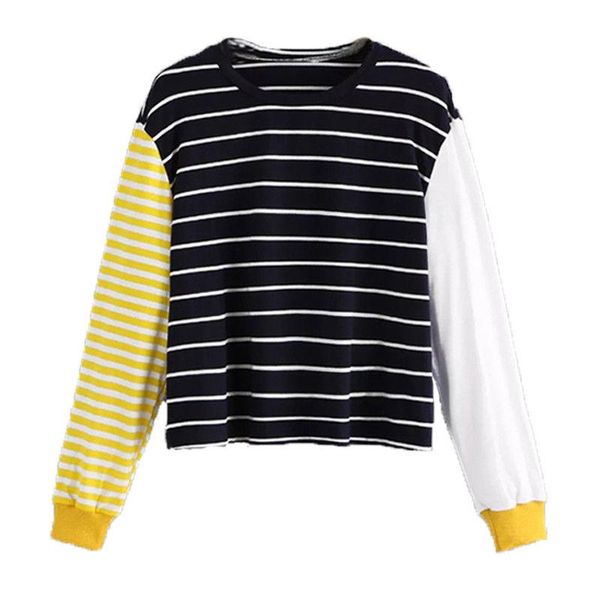 

women's hoodies & sweatshirts patchwork women autumn fashion striped crop pullovers ladies long sleeve loose casual clothes sudaderas, Black