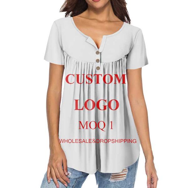 

women's t-shirt short sleeve casual custom creative logo/image/pattern/text/letters/name summer girls pleated button design, White
