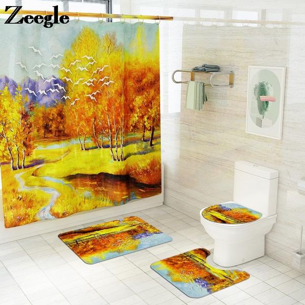 

yellow landscape printing bathroom carpet rug waterproof shower curtain and non-slip bath mat set absorbent foot for toielt mats