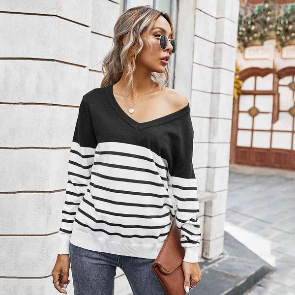 

women's classic vintage v-neck stripe sweater autumn winter pullovers high street v-neck striped knitted pullovers womens 210514, White;black