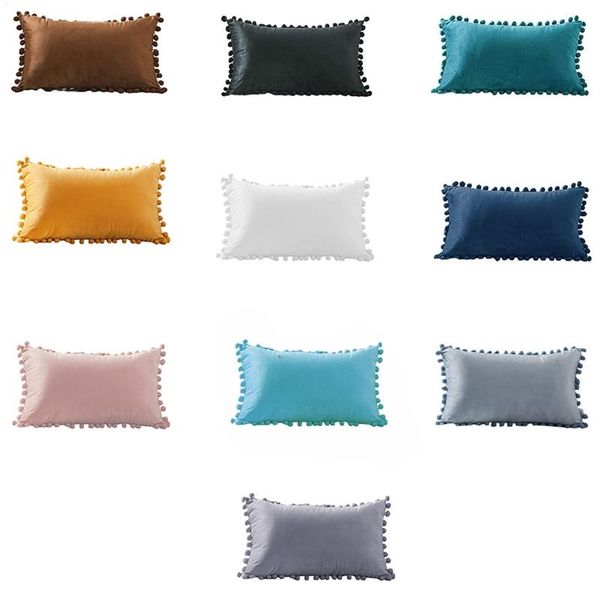 

pillow case velvet waist throw cover with pompom solid color decorative cushion