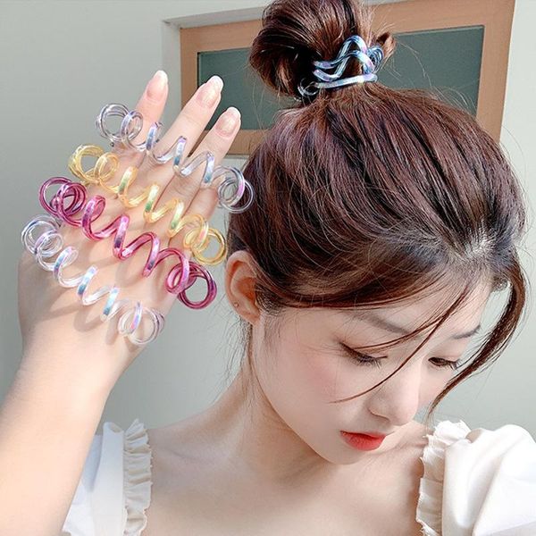 

girls elastic hair bands ponytail ties telephone line scrunchies laser rubber rings spiral hairbands accessories, Slivery;white