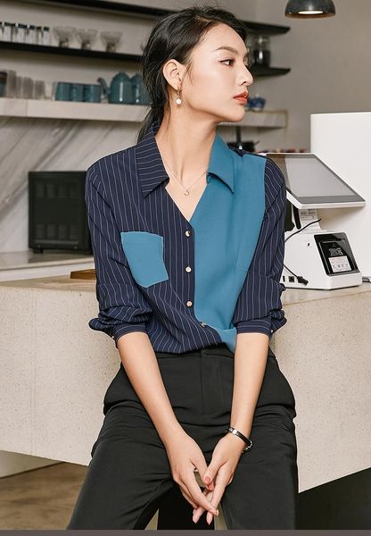 

blue long sleeve chiffon stripe shirt fashion lady's retro large size style in autumn women's suits & blazers, White;black