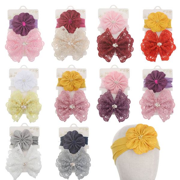 

girls hair accessories baby headbands accessory nylon hairband cute lace bow elastic princess flower head bands 2pcs/sets b7339, Slivery;white