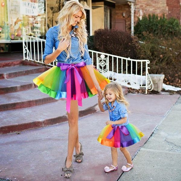 

fashion kids mother and daughter women skirts summer rainbow high waist tutu skirt party matching bow baby girl clothes, Black