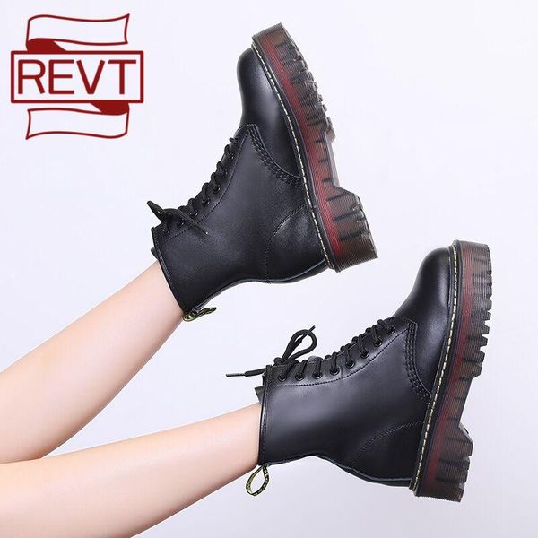 

boots revt 2021 style womens genuine leather fashion women booties lace up winter shoes, Black