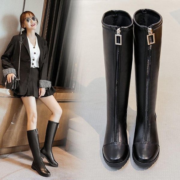 

boots 2021 women fashion knee high zipper motorcycle shoes soft leather platform goth british style mid-tube, Black