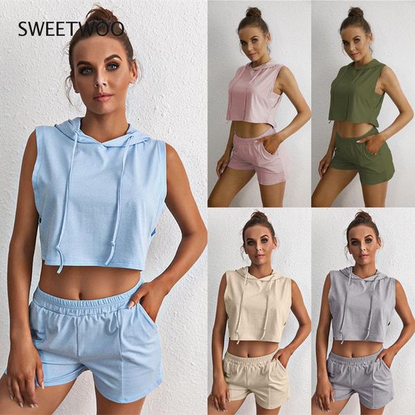 

two piece suit summer 2021 hooded sleeveless style pocket casual vest shorts 2-piece set for women clothes gym clothing, White;black