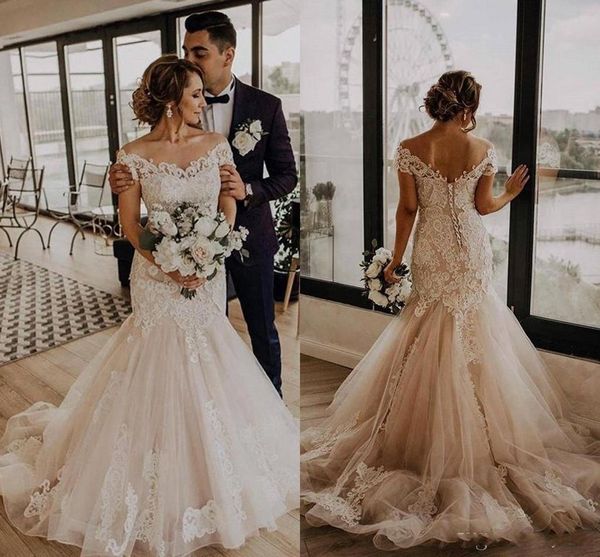 

eegant lace mermaid wedding dresses gowns short cap sleeves sweep train corset back applique off the shoulder dubai bridal gown vestido de n, White